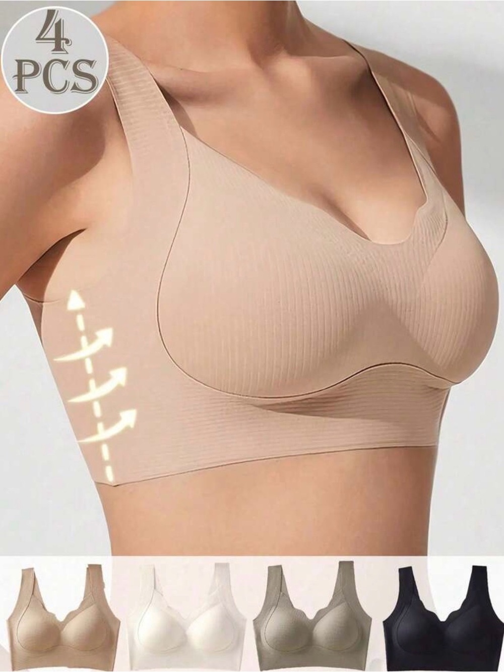 4 pack Seamless Ribbed Wireless Bralettes - Black, Gray, Ivory, Nude
